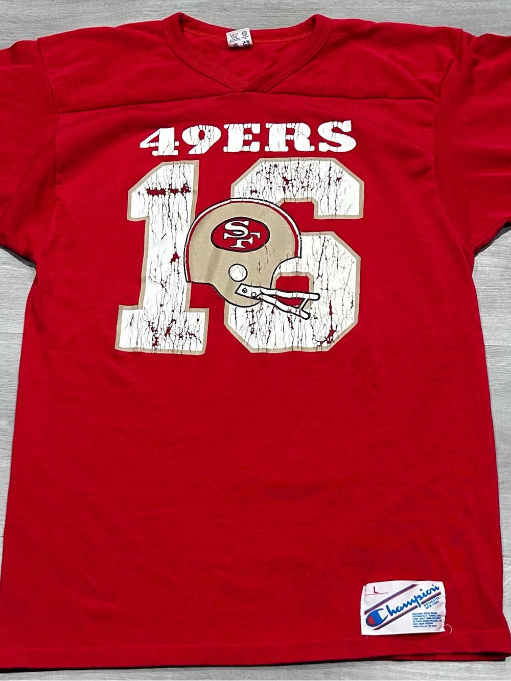 Vtg 80s Champion San Francisco 49ers Joe Montana Jersey Shirt L Red Distressed